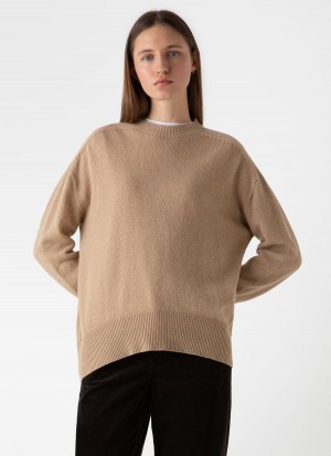 Beige Sunspel Lambswool Crewneck Jumper | 71905-MDOZ | USA