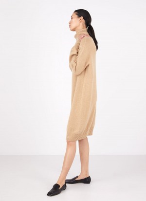 Beige Sunspel Lambswool Roll Neck Dress | 17932-MIEJ | USA