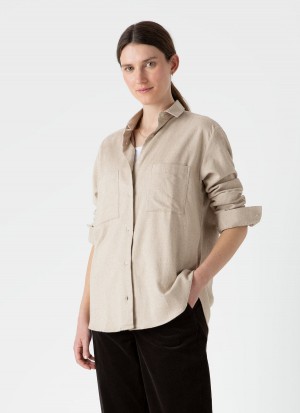 Beige Sunspel Oversized Flannel Shirt | 67952-DIUN | USA