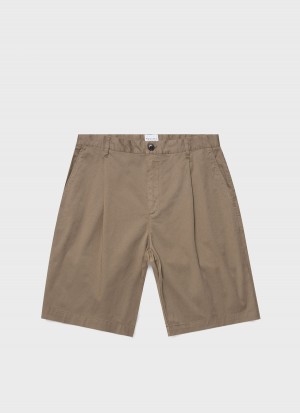 Beige Sunspel Pleated Twill Shorts | 73612-FDBO | USA