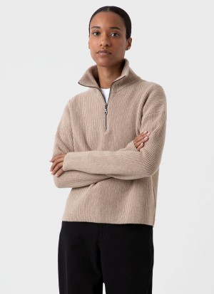 Beige Sunspel Wool Cashmere Rib Zip Neck | 23946-HDYO | USA