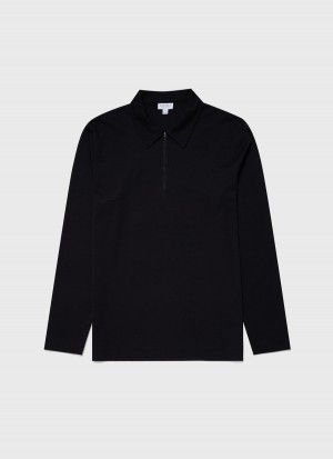 Black Sunspel Half Zip Heavyweight Polo Shirt | 53960-JOEQ | USA