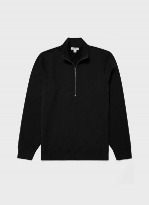 Black Sunspel Half Zip Loopback Sweatshirt | 20361-YMLC | USA