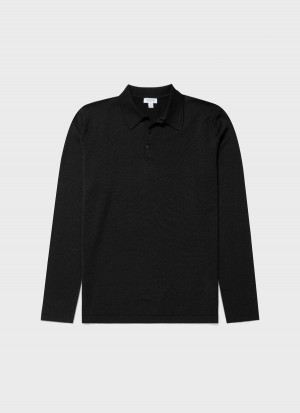 Black Sunspel Long Sleeve Sea Island Cotton Polo Shirt | 18294-HWDC | USA