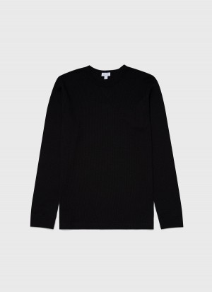 Black Sunspel Long Sleeve Waffle T-shirt | 78612-VHJT | USA