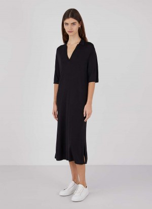 Black Sunspel Merino Silk Polo Dress | 26570-OWPU | USA