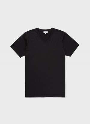 Black Sunspel Riviera Midweight V Neck T-shirt | 53768-TCVE | USA