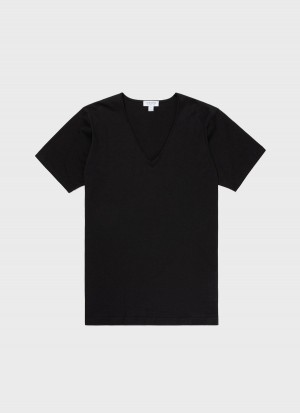 Black Sunspel Superfine Cotton Underwear V‑Neck T-shirt | 51704-COXN | USA