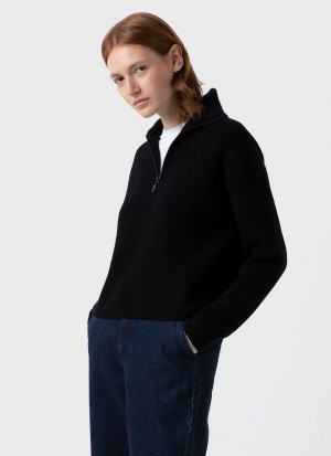 Black Sunspel Wool Cashmere Rib Zip Neck | 34067-LUWP | USA