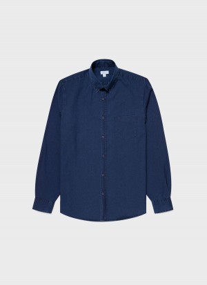 Blue Sunspel Button Down Denim Shirt | 46389-WQXG | USA