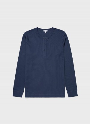 Blue Sunspel Long Sleeve Waffle Henley | 67058-INES | USA