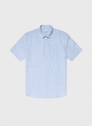 Blue Sunspel Short Sleeve Linen Shirt | 18340-UYKF | USA