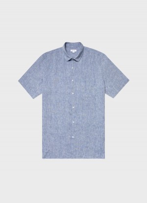 Blue Sunspel Short Sleeve Linen Shirt | 57349-IQOD | USA