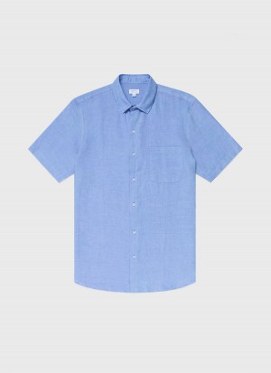 Blue Sunspel Short Sleeve Linen Shirt | 79583-QCYI | USA