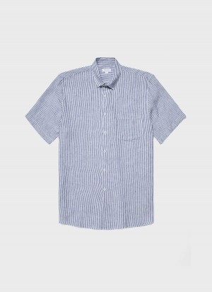 Blue Sunspel Short Sleeve Linen Shirt | 84906-EPHQ | USA