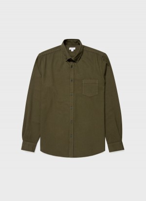 Green Sunspel Brushed Cotton Flannel Shirt | 24305-UHQJ | USA