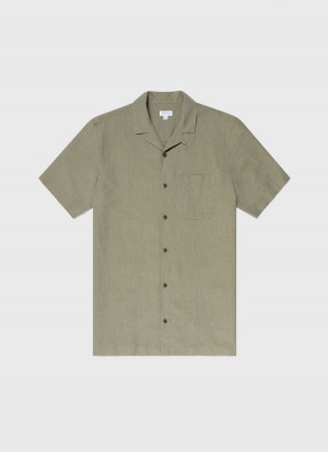 Green Sunspel Cotton Linen Camp Collar Shirt | 76892-XCQG | USA