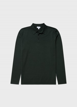 Green Sunspel Long Sleeve Sea Island Cotton Polo Shirt | 05693-LYUZ | USA