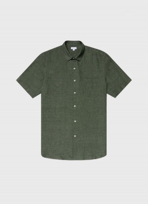 Green Sunspel Short Sleeve Linen Shirt | 52301-YRQC | USA