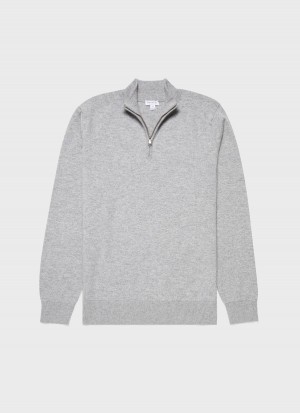 Grey Sunspel Cashmere Zip Neck Jumper | 17893-HZOF | USA