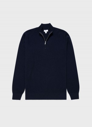 Navy Sunspel Cashmere Zip Neck Jumper | 53714-QDIT | USA