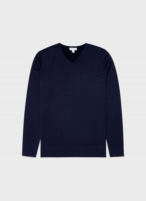 Navy Sunspel Extra‑Fine Merino V Neck | 20578-LWAT | USA