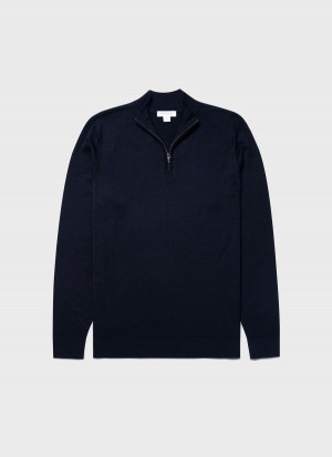 Navy Sunspel Extra‑Fine Merino Zip Neck | 46520-JYTC | USA