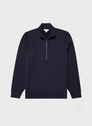 Navy Sunspel Half Zip Loopback Sweatshirt | 52179-VAXS | USA