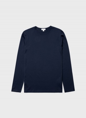 Navy Sunspel Long Sleeve Classic T-shirt | 15290-ULZX | USA