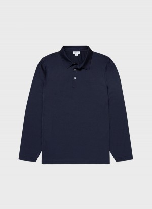 Navy Sunspel Long Sleeve Jersey Polo Shirt | 24510-VAFK | USA