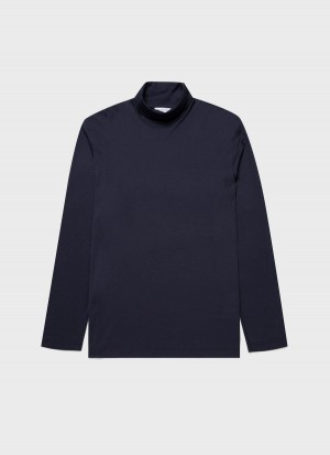 Navy Sunspel Long Sleeve Roll Neck T-shirt | 73495-AWJL | USA