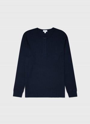 Navy Sunspel Long Sleeve Waffle Henley | 72304-EOTY | USA