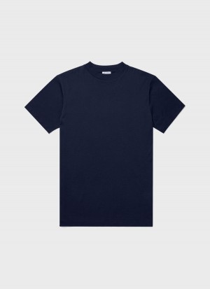 Navy Sunspel Mock Neck T-shirt | 93265-QWIY | USA