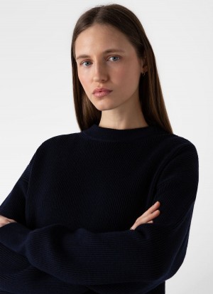 Navy Sunspel Ribbed Crew Neck Jumper | 19364-EFRQ | USA