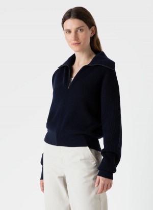 Navy Sunspel Ribbed Half Zip Jumper | 81046-UMRT | USA