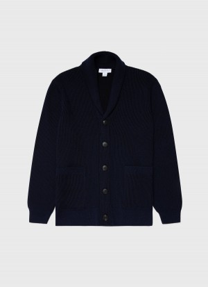 Navy Sunspel Ribbed Shawl Neck Cardigan | 56879-SYRQ | USA