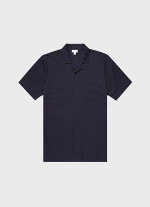 Navy Sunspel Riviera Camp Collar Shirt | 81975-ECHT | USA