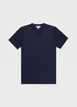 Navy Sunspel Riviera Midweight V Neck T-shirt | 91850-CFIA | USA