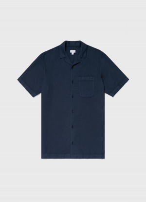 Navy Sunspel Waffle Camp Collar Shirt | 36521-QIML | USA