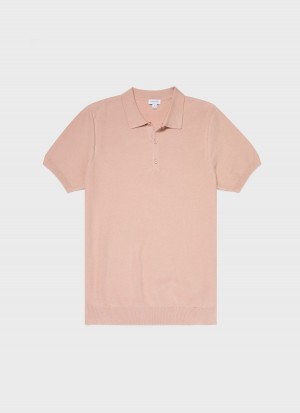 Pink Sunspel Knit Polo Shirt | 79612-EAQJ | USA