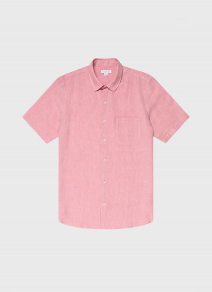 Pink Sunspel Short Sleeve Linen Shirt | 59634-PLWD | USA