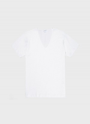 White Sunspel Cellular Cotton V‑Neck Underwear T-shirt | 17928-RZUA | USA