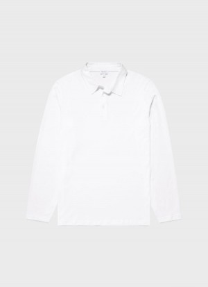 White Sunspel Long Sleeve Jersey Polo Shirt | 23175-WZIU | USA