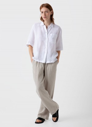 White Sunspel Short Sleeve Linen Shirt | 35276-KJPT | USA