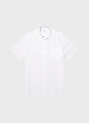 White Sunspel Short Sleeve Linen Shirt | 82041-ZUOQ | USA