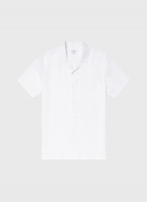 White Sunspel Waffle Camp Collar Shirt | 20365-JWVB | USA