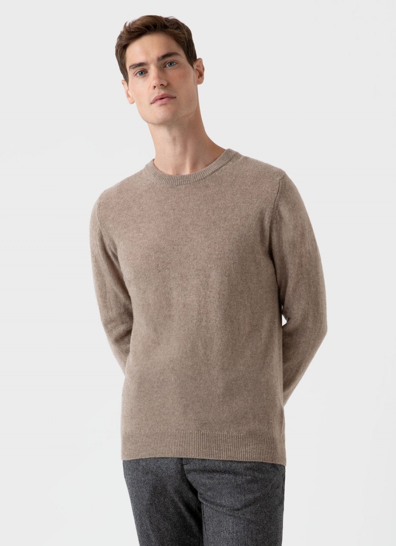 Beige Sunspel Cashmere Crew Neck Jumper | 28673-OCYZ | USA