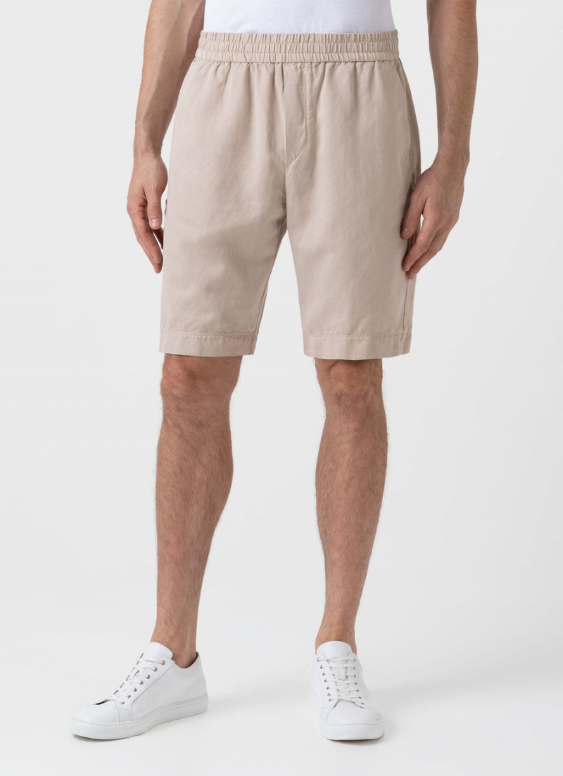 Beige Sunspel Cotton Linen Drawstring Shorts | 20971-VYDR | USA