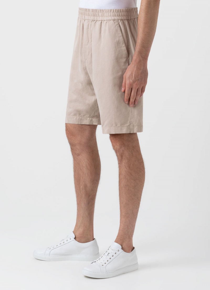 Beige Sunspel Cotton Linen Drawstring Shorts | 20971-VYDR | USA