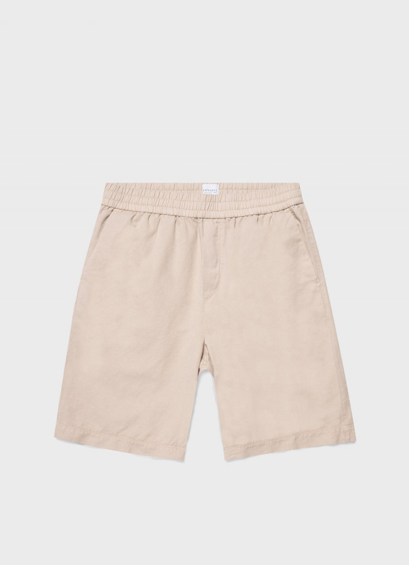 Beige Sunspel Cotton Linen Drawstring Shorts | 20971-VYDR | USA